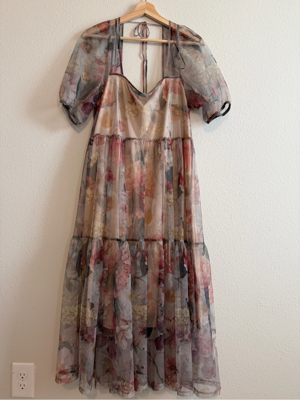 H&M Sheer Floral Maxi Dress in Blush, Rose & Gray